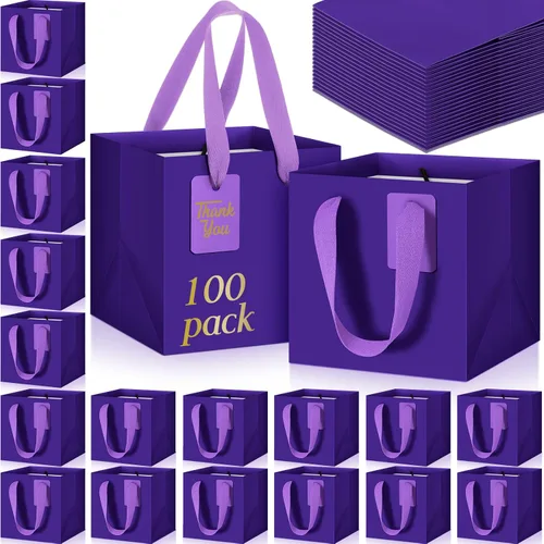 Vista 14 de Windyun 25 mini bolsas de regalo de papel con asa de 6 x 6 x 6 pulgadas, pequeñas bolsas cuadradas con etiqueta de agradecimiento para Navidad