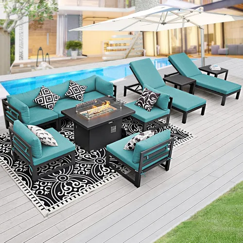 Vista 10 de BULEXYARD - Sofá modular de aluminio para exteriores con mesa para fogata, 7 piezas, color verde azulado
