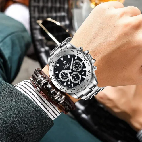 Vista 7 de Dentily Reloj de cuarzo para hombre, cronógrafo, de acero inoxidable, impermeable, para negocios, para hombre