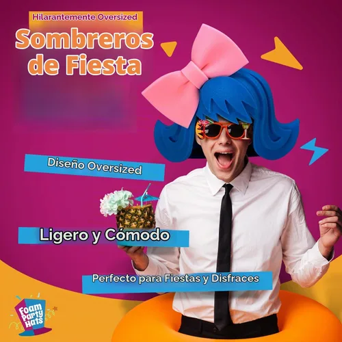 Vista 2 de FOAM PARTY HATS: Peluca Azul con lazo rosa