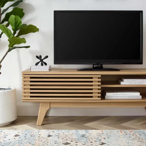 Vista 5 de Mueble para televisor de 48 pulgadas Modway Render, de estilo moderno de mediados de siglo con perfil bajo, color roble