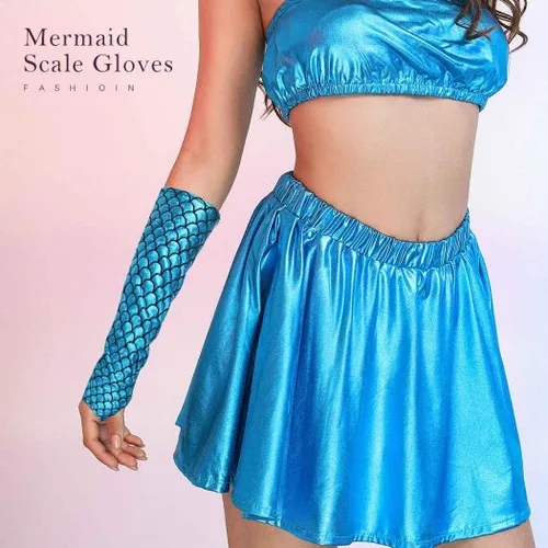 Vista 3 de RELBCY Guantes de escamas metálicas, guantes sin dedos, guantes largos para fiesta, accesorios de disfraces para mujeres y niñas