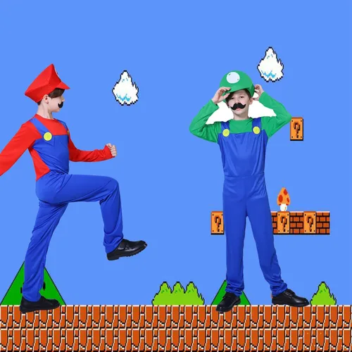 Vista 5 de Hewtwerck Disfraz de Super Brothers para niños, disfraz de Mario Fontanero para Halloween, cosplay, overol con sombrero y guantes de bigote