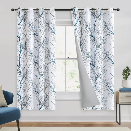 Vista 20 de FMFUNCTEX Cortinas 100% opacas para dormitorio, cortinas de ramas de árbol blanco y negro de 54 pulgadas de largo para sala de estar, cortinas