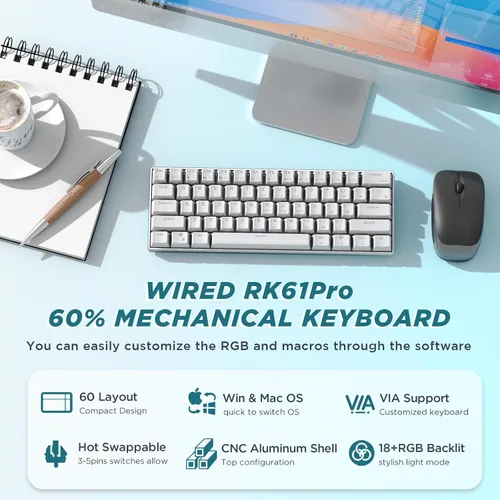 Vista 2 de RK ROYAL KLUDGE Teclado mecánico 60% RK61 Pro, marco de aluminio con teclado para juegos con cable, retroiluminación RGB programable, 61 teclas
