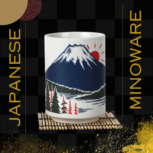 Vista 3 de Tazas de té japonesas Sushi-Yunomi Mino Ware con posavasos de bambú (juego de 2) (Mt. Fuji)