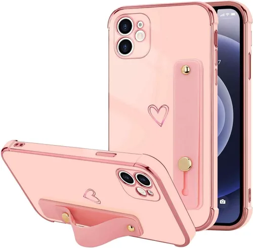 Vista 44 de LLZ.COQUE Funda compatible con iPhone 12 para mujeres y niñas, parachoques chapado de lujo con bonito diseño de corazón de amor, soporte de correa