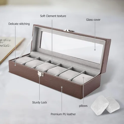 Vista 4 de ProCase Caja de reloj con 6 ranuras para hombre, organizador de relojes de piel sintética, cajas de almacenamiento con tapa de cristal de cristal