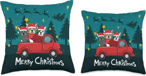 Vista 3 de French Bulldog Frenchie truck Christmas Almohada divertida para regalo de Navidad, diseño de bulldog francés, diseño de camión de Navidad, 16 x 16