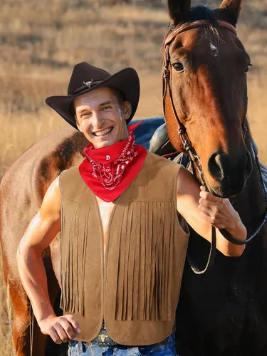 Vista 4 de Toulite 4 piezas de trajes occidentales para hombre, chaleco con borla, sombrero y hebilla de cinturón, bandana de cachemira para Halloween, cosplay