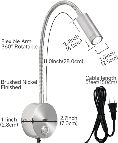 Vista 6 de Luz de lectura regulable montada en la pared con puerto de carga USB, luz de lectura LED enchufable, lámparas de pared con cuello de cisne flexible