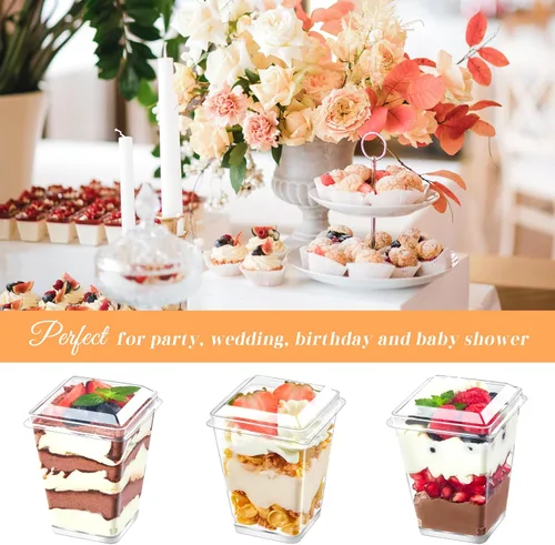 Vista 4 de Kucoele Paquete de 100 tazas de postre de plástico de 5 onzas con tapas y cucharas, tazas de parfait transparentes, tazas de pudín, mini tazas