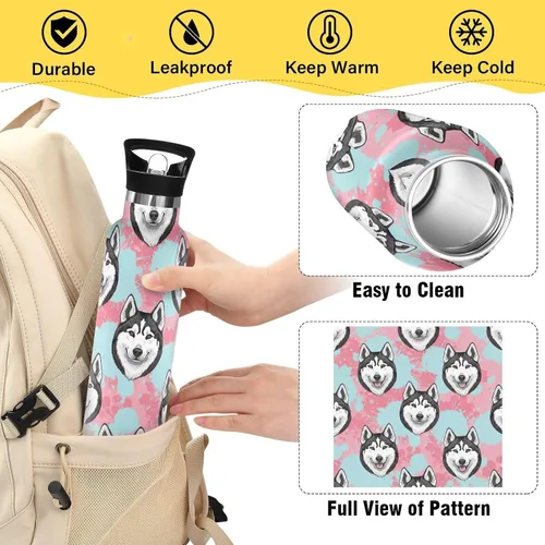 Vista 4 de Kids Water Bottle for School, Kids Stainless Steel Water Bottle for Travel or School 20 Oz, BPA-Free, Black White Husky Dog