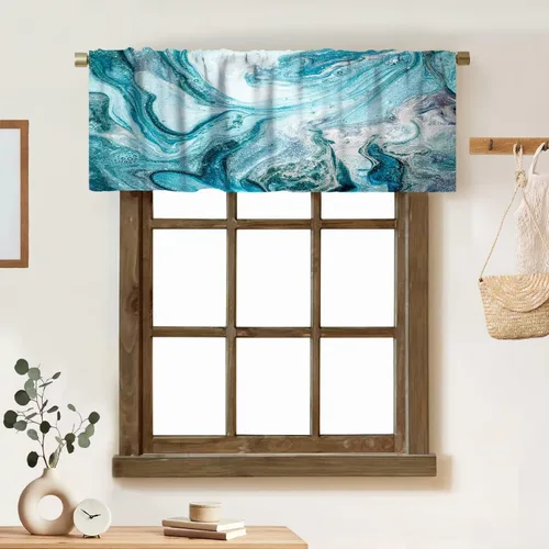 Vista 27 de Cortina de cenefa de mármol verde con venas doradas de mármol negro, diseño abstracto de lujo, elegante cenefa con bolsillo para barra, 1 panel
