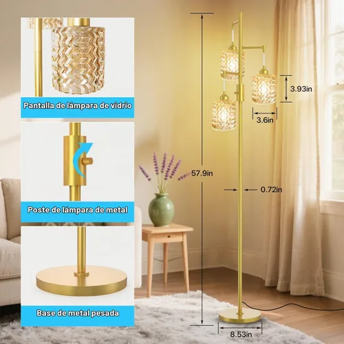 Vista 5 de Lámpara de pie dorada para sala de estar y dormitorio, lámpara de pie vintage de 3 luces con vidrio emplomado, lámparas de pie altas modernas