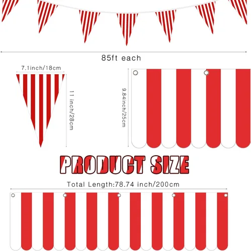 Vista 2 de Preboun 6 piezas de carpa de carnaval de circo, decoraciones de fiesta, pancarta colgante a rayas rojas y blancas con bandera triangular
