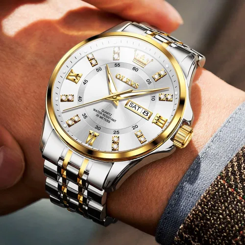 Vista 24 de OLEVS - Relojes de diamantes para hombres, relojes de vestir a prueba de agua, relojes analógicos de cuarzo de lujo con calendario de fecha y correa