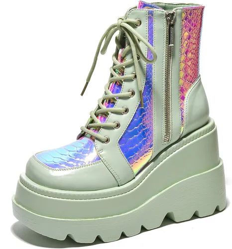 Vista 12 de Cape Robbin Botines de plataforma holográficos para mujeres, tacones gruesos en bloque, punta puntiaguda, cuero PU con correa de hebilla