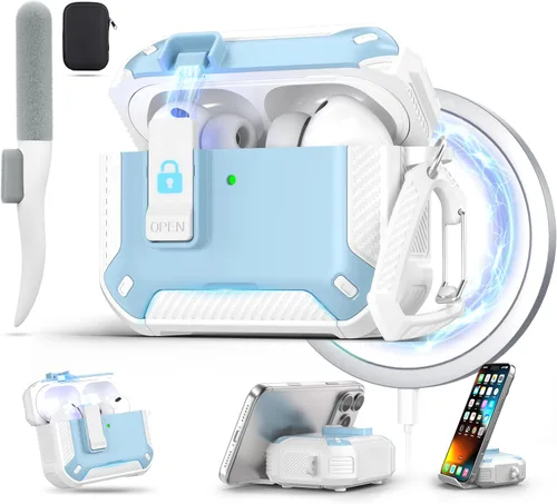 Vista 23 de Maxjoy Funda para AirPods Pro 3 2025, MagSafe compatible con bloqueo automático, funda protectora a prueba de golpes con soporte para teléfono