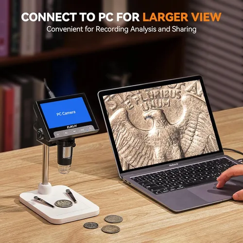 Vista 7 de Elikliv Microscopio, microscopio digital LCD para monedas 1000x, lupa de monedas con 8 luces LED ajustables, vista de PC compatible con Blanco