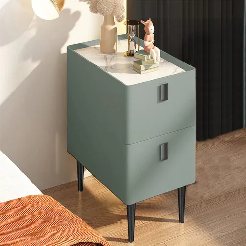 Vista 11 de Mesita de noche moderna de madera maciza con almacenamiento de 2 cajones, parte superior de mármol, práctica mesa auxiliar auxiliar para dormitorio