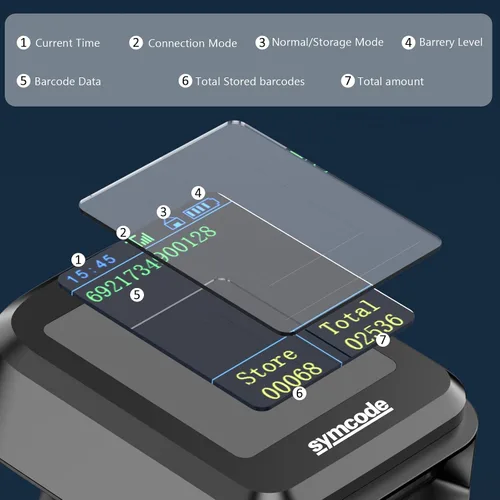 Vista 2 de Symcode Pro 1D 2D QR Escáner de código de barras inalámbrico con pantalla de visualización Indicador de nivel de batería Pantalla de tiempo funciona