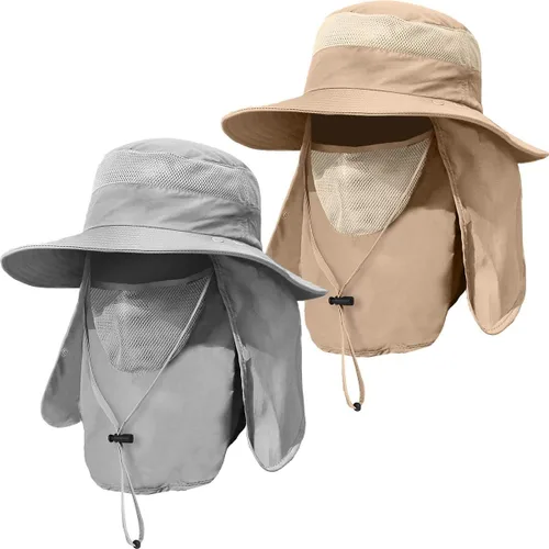 Vista 7 de Sombrero de pesca de ala ancha para hombre, 2 piezas, protección solar UPF 50+, extraíble, solapa para cara y cuello