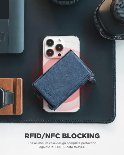 Vista 4 de VULKIT Tarjetero de crédito con bolsillo de cuero con cremallera desplegable con bloqueo RFID, funda de metal delgada, marino