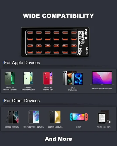 Vista 6 de Cinlinso - Estación de carga USB, 24 puertos 100 W (20 A), cargador rápido USB multipuerto con detección inteligente para teléfonos inteligentes
