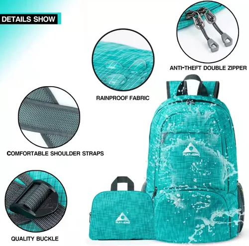 Vista 4 de PLAY-KING Mochila plegable impermeable ligera para ir de compras, viajes o senderismo, para hombres o mujeres Negro