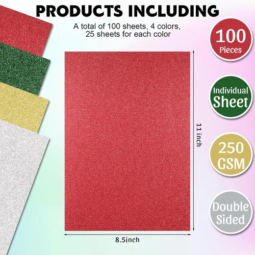 Vista 2 de Yeaqee 100 hojas de papel de cartulina con purpurina de Navidad, papel de regalo metálico de 8.5 x 11 pulgadas, cartulina pesada de 8.82 oz/m²