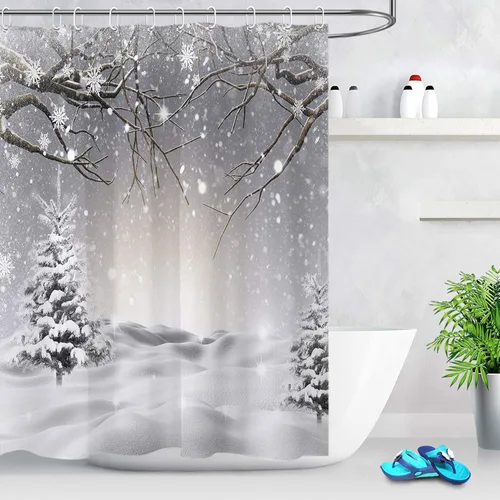 Vista 2 de LB Cortina de ducha de invierno con copos de nieve, cubierta de pino, rama de árbol de nieve, cortina de baño con ganchos, 57 x 72 pulgadas, tela