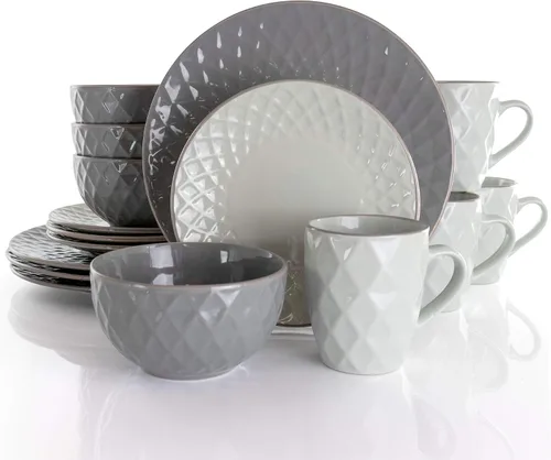 Vista 13 de Elama Round Stoneware Collection - Juego de vajilla de 16 piezas, pizarra y perla