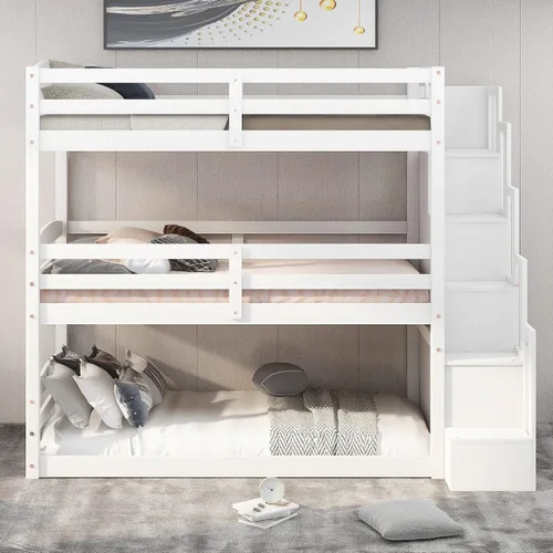 Vista 3 de Harper & Bright Designs Litera triple de madera con escalera de almacenamiento, literas de madera 3 camas en 1 para niños, cama triple desmontable