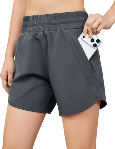 Vista 10 de Pantalones cortos deportivos para correr de 5 pulgadas para mujer, cintura alta, de secado rápido, ligeros, con bolsillo con cremallera, UPF 50+
