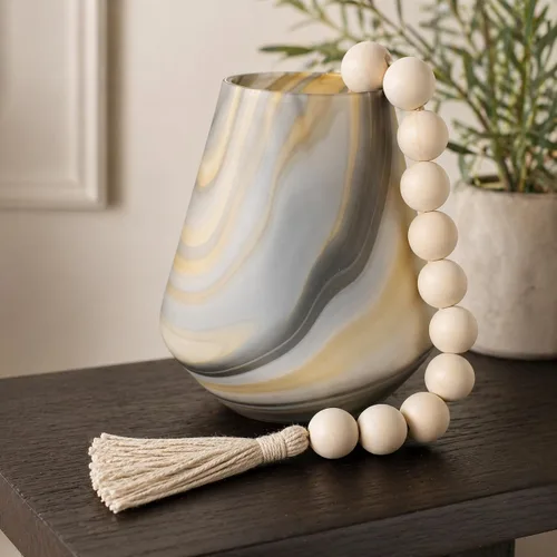 Vista 8 de OMISHE Guirnalda de cuentas de madera extra grande con cuentas de madera y borlas de 1.6 pulgadas de diámetro, cuentas decorativas rústicas de 41