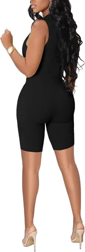 Vista 2 de Overol sexy de una pieza para mujer, con cremallera, sin mangas, ajustado, pantalones cortos