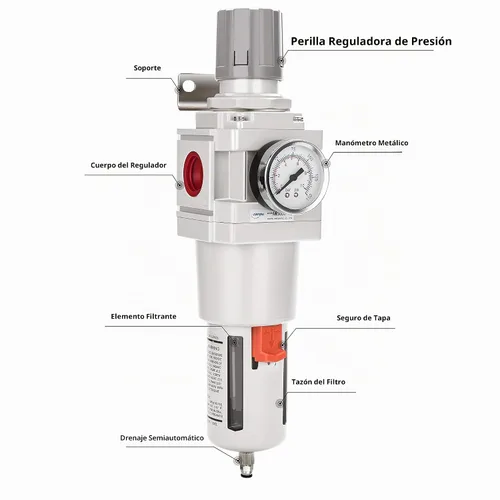Vista 2 de NANPU 1" NPT Filtro de aire comprimido regulador combinado tipo piggyback, elemento de latón de 5 micrones, cuenco de policarbonato, desagüe