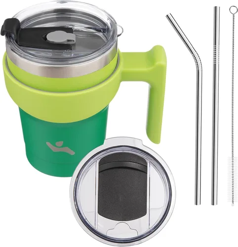 Vista 49 de Konokyo - Vaso de 10 onzas con asa y 2 popotes, 2 tapas, botella de agua aislada de acero inoxidable, taza de viaje reutilizable, color verde militar