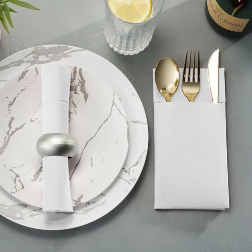 Vista 4 de Paquete de 50 servilletas desechables de lino con bolsillo integrado para cubiertos, tela preplegada blanca como servilletas de papel para cenas