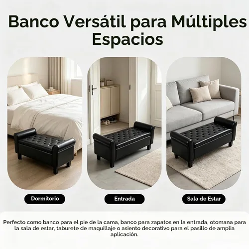 Vista 7 de 51 Inch Black Faux Leather Storage Ottoman Bench with Rolled Armrests Leather-black-51 Inch