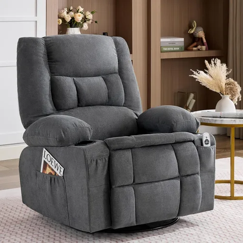Vista 16 de Rocker - Silla reclinable con masaje y calor, sofá individual ergonómico, mecedoras para sala de estar, cómoda silla reclinable con portavasos Gris