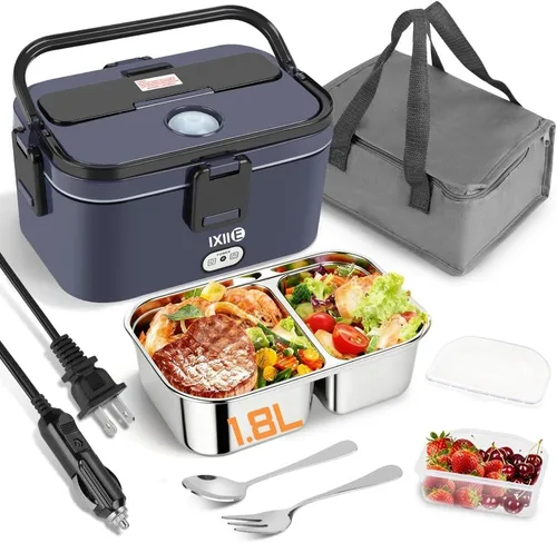 Vista 8 de IXIIE Fiambrera eléctrica de 80 W para adultos, calentador de almuerzo de 1.5 L con 2 compartimentos para camiones/coches/trabajo, lonchera térmica
