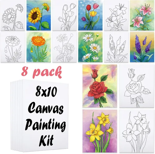 Vista 12 de Paquete de 8 lienzos predibujados para pintar para adultos, suministros para fiestas de pintar y beber, juego de pintura en lienzo para artistas