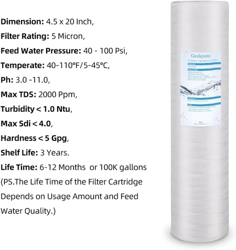 Vista 6 de Geekpure Sistema de filtro de agua de una sola etapa para toda la casa con carcasa azul de 20 pulgadas-puerto de 1 "con 4 piezas de filtro de cuerda