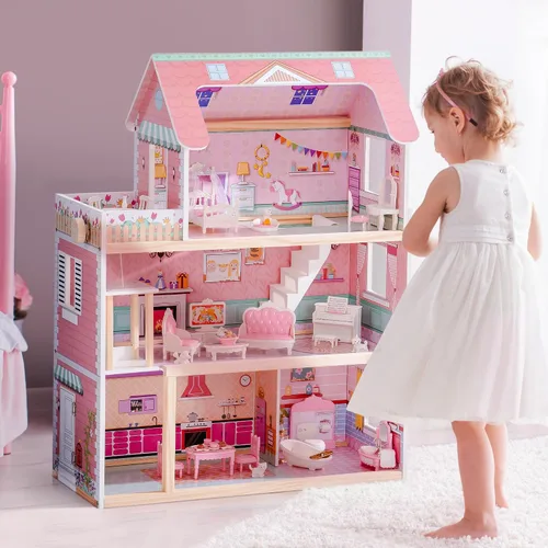 Vista 2 de ROBUD Casa de madera para muñecas, juego de casa de muñecas con 24 piezas de accesorios exquisitos, ascensor que funciona, regalo para niños de 3
