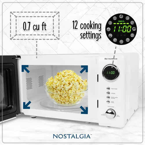 Vista 2 de Nostalgia Horno microondas compacto retro para encimera, 0.7 pies cúbicos, 700 vatios con pantalla digital LED, bloqueo para niños, interior fácil