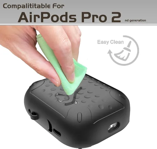 Vista 7 de Funda impermeable para AirPods Pro de 2ª generación, funda protectora de silicona antipérdida, carga inalámbrica y LED visible, con mosquetón
