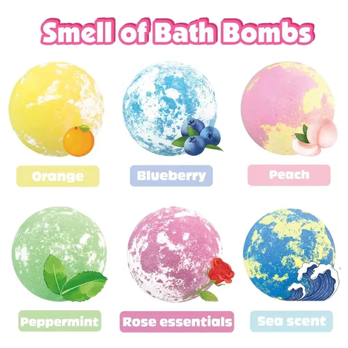 Vista 4 de Bombas de baño para niños con sorpresa en el interior, 6 bombas de baño grandes de burbujas orgánicas para niños con pulseras y anillos, juguetes
