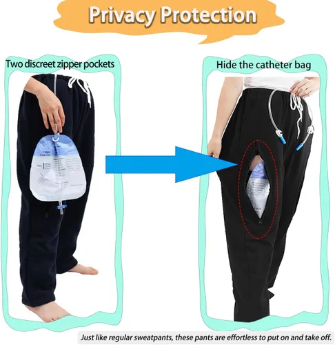 Vista 2 de Pantalones de catéter para hombres/mujeres, pantalones de nefrostomía/urinaria, capacidad para 2 bolsas de orina (negro, cintura: 25.9''37'')